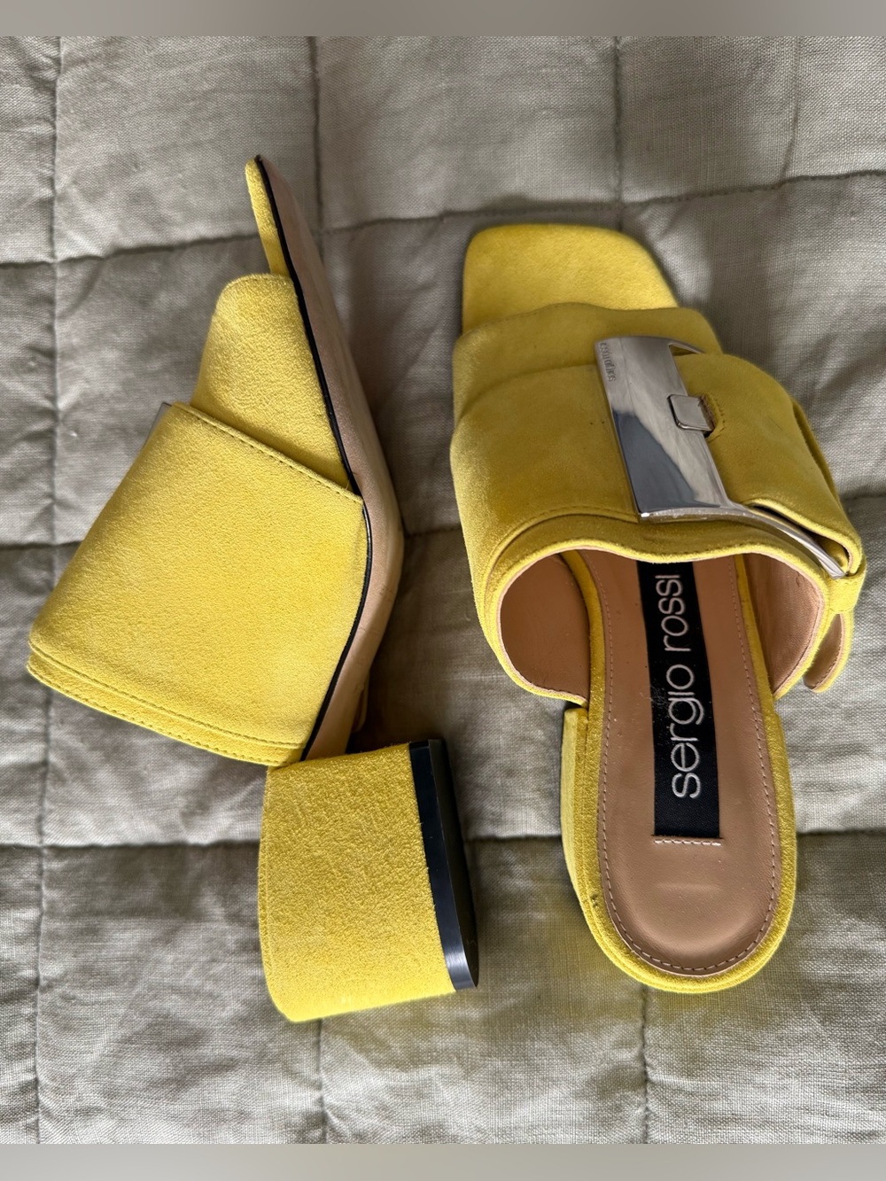 Sergio Rossi Yellow Suede Buckle Slide Sandal Italy Size 34 US 4 Luxury Designer